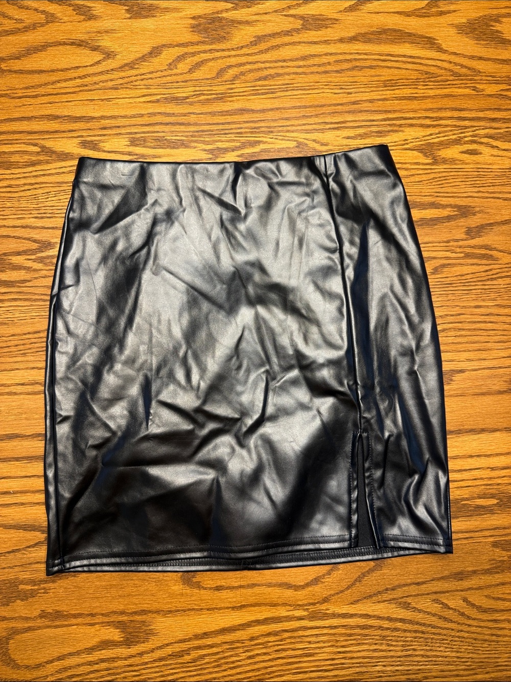 Black Faux Leather Mini Skirt with Side Slit